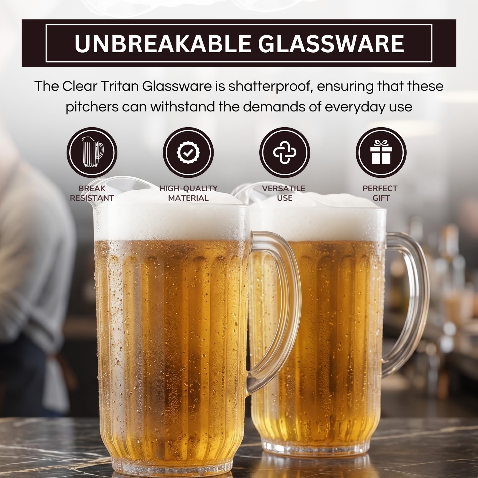 Bier- und Getränkekrug aus Acryl (1,700 ml), Set mit 2 Kunststoffwasser-, IPA-, Sangria-, Limonade-, Margarita-, Saft-, Eisteekrügen, klare Tritan-Glaswaren, Lookalike, spülmaschinenfest, BPA-frei