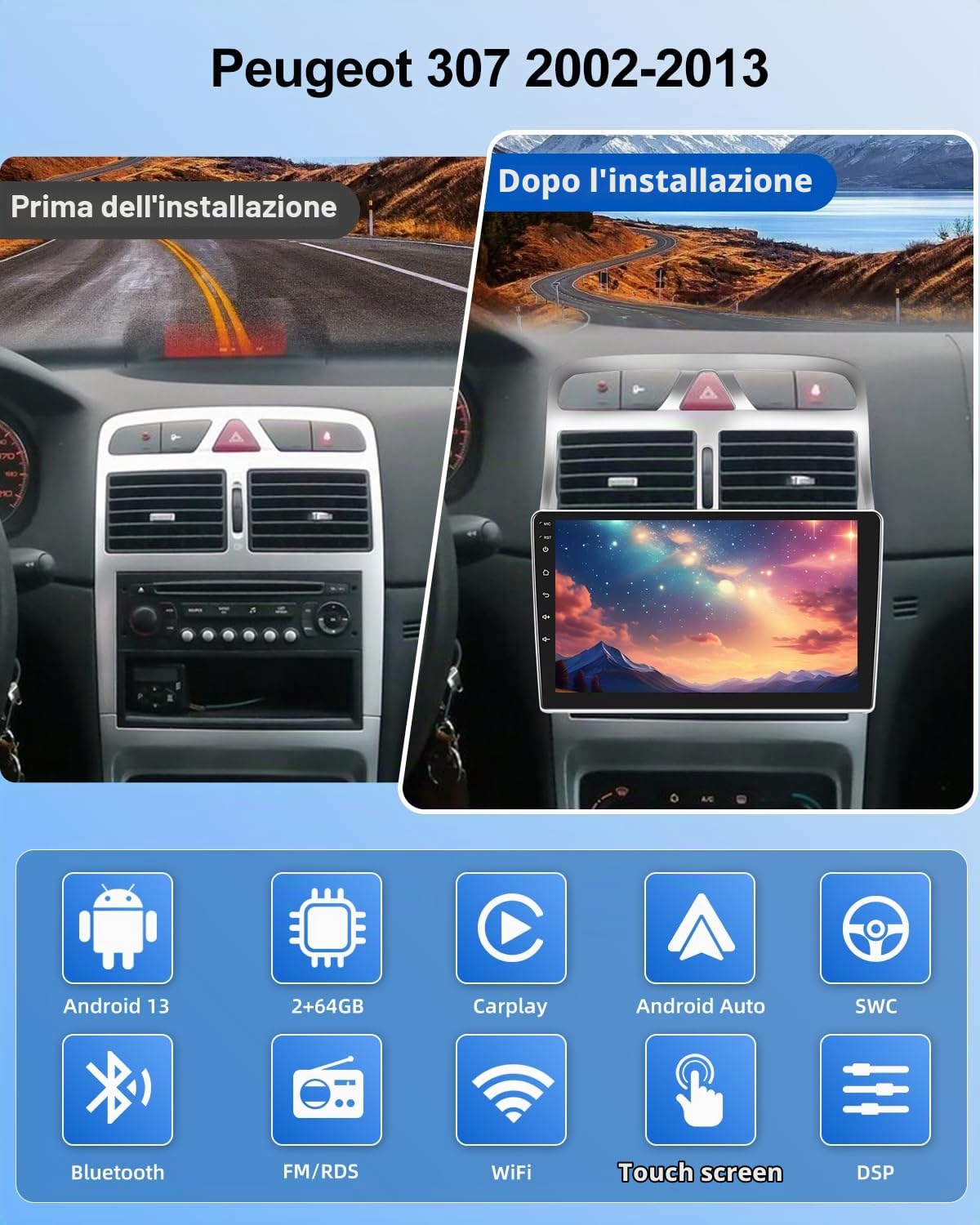NHOPEEW 2+64G 9 Pollici Radio Android per Peugeot 307 2002-2013 - Wireless CarPlay & Android Auto, Navigazione GPS, Controllo del Volante, FM RDS, Split Screen