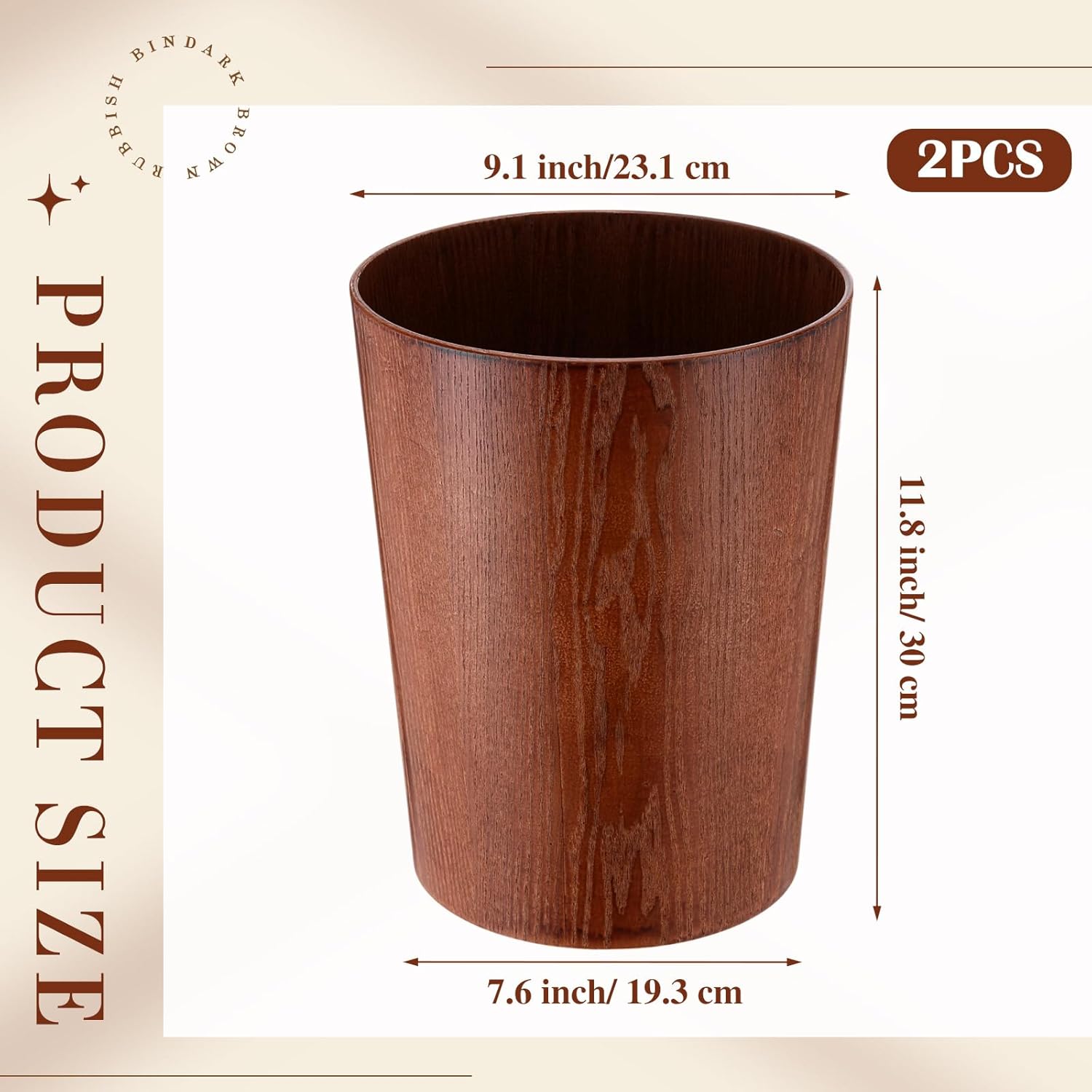 2 Pack 2.3 Gallons Wood Trash Can Wastebasket Natural Wood Round Wastebasket Small Trash Bin for Home, Office Under Desk, Kitchen, Bedroom, Hotel, Room(Dark Brown,Flat)