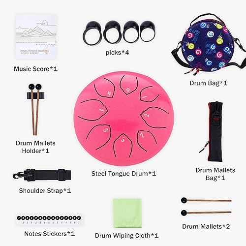 Miniatura 3 de Tambor de lengua de acero de 6 pulgadas, 8 notas, instrumento de percusión, tambor de lengua con llave en C con bolsa, par de mazos, paño de