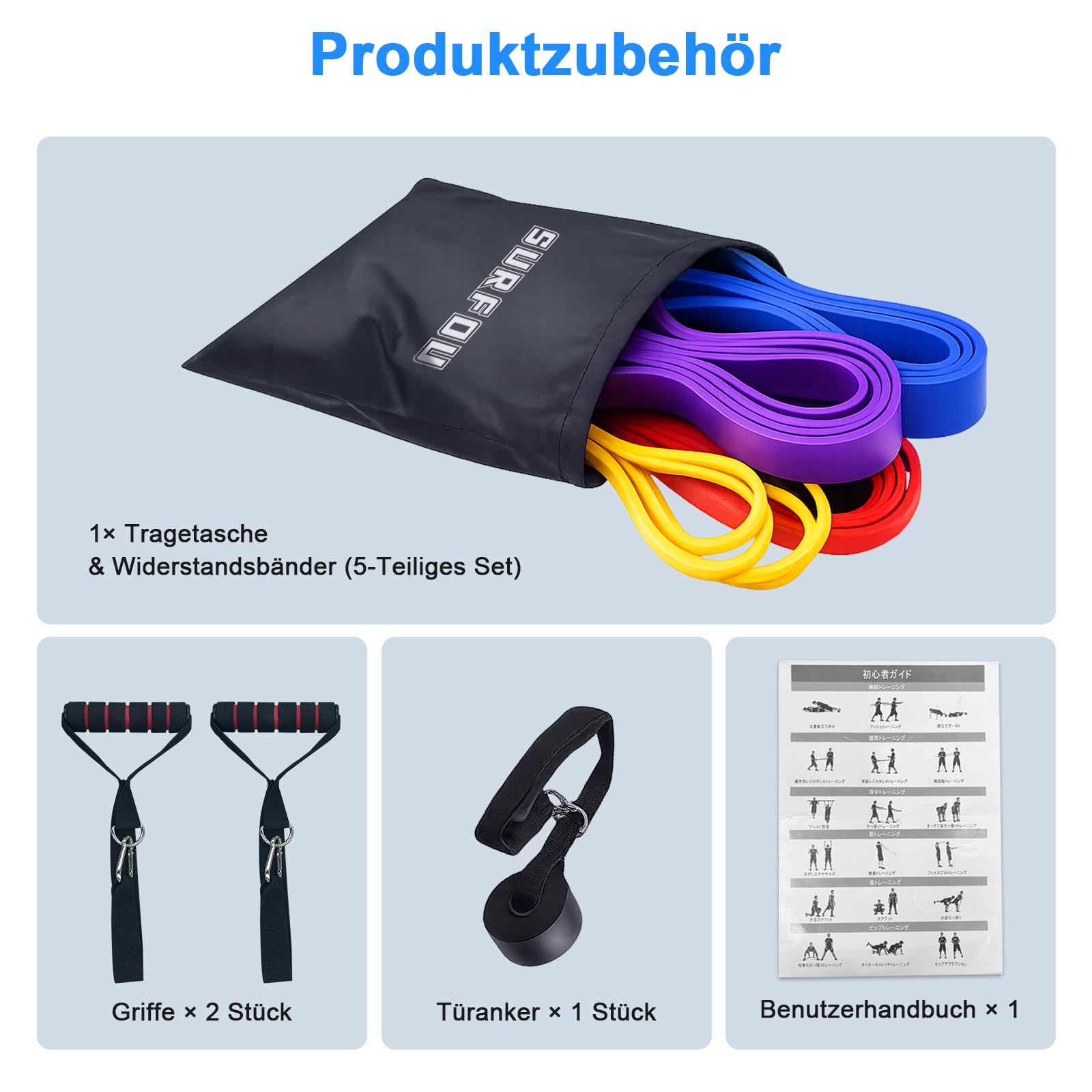 SURFOU Elastici Fitness Set con 5 Livelli di Resistenza, Bande Elastiche con Gancio alla Porta, 2 Maniglie, Guida agli Esercizi e Borsa per il Trasporto, per Allenamento