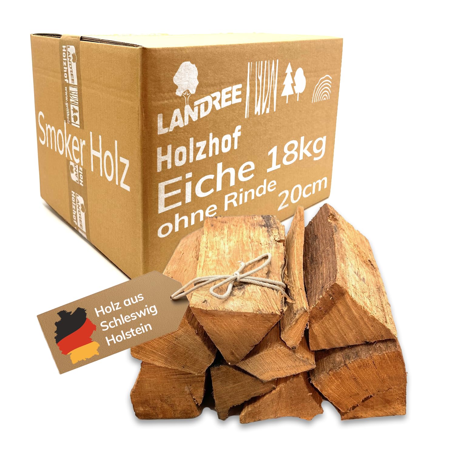 Landree Eiche Smoker-Holz 18kg (ohne Rinde) - 20 cm Scheitlänge - Premium Räucherholz für Starke Aromen, naturbelassen, Qualität aus Schleswig Holstein