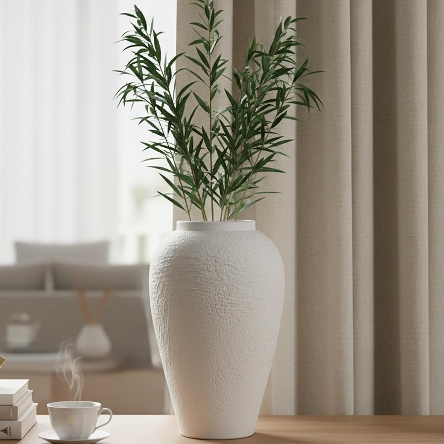 Vintage Ceramic Vase, Minimalist Texture Stone Patterned White Flower Vase, Decorative Vase for Living Room Shelf Farmhouse Dining Table Centerpiece Decor (White Texture 10.4'')