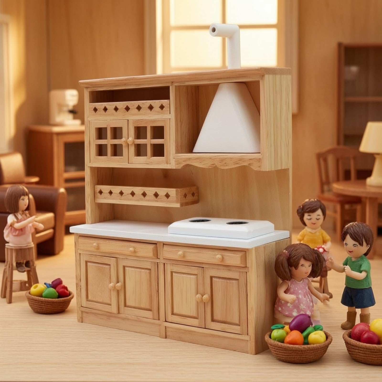 harayaa Set Cucina Miniatura con Lavello Armadietto Bambola Delle Bambole Unità Cucina Angolare in Legno di Gomma con Dettagli