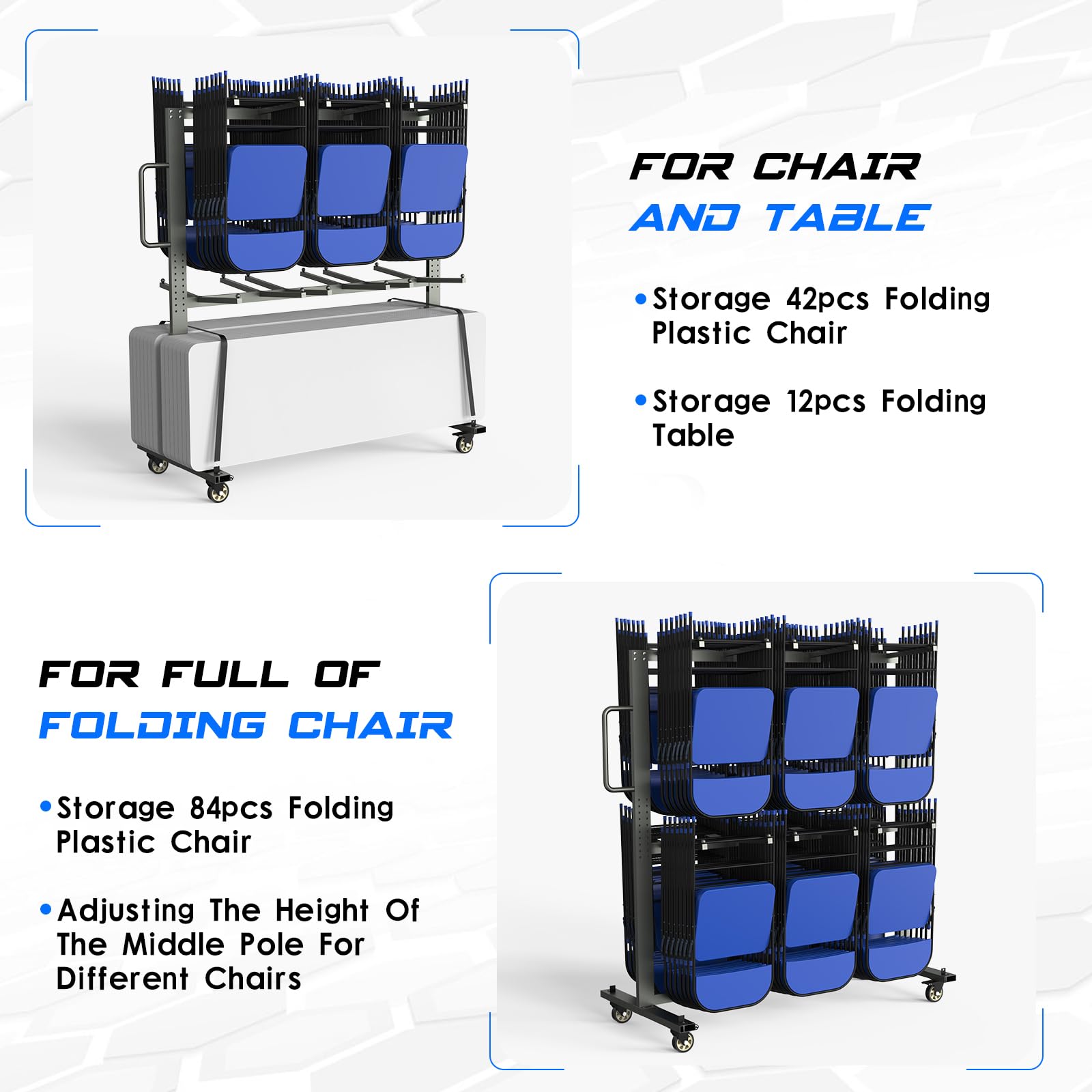 Chaise Pliante Grise Et Chariot De Table, Capacité De Charge De 362,9 Kg, Chariot De Chaise Pliable à Deux Niveaux Avec Roues Pivotantes De 10,2 Cm Pour Faciliter Le Rangement Et Le