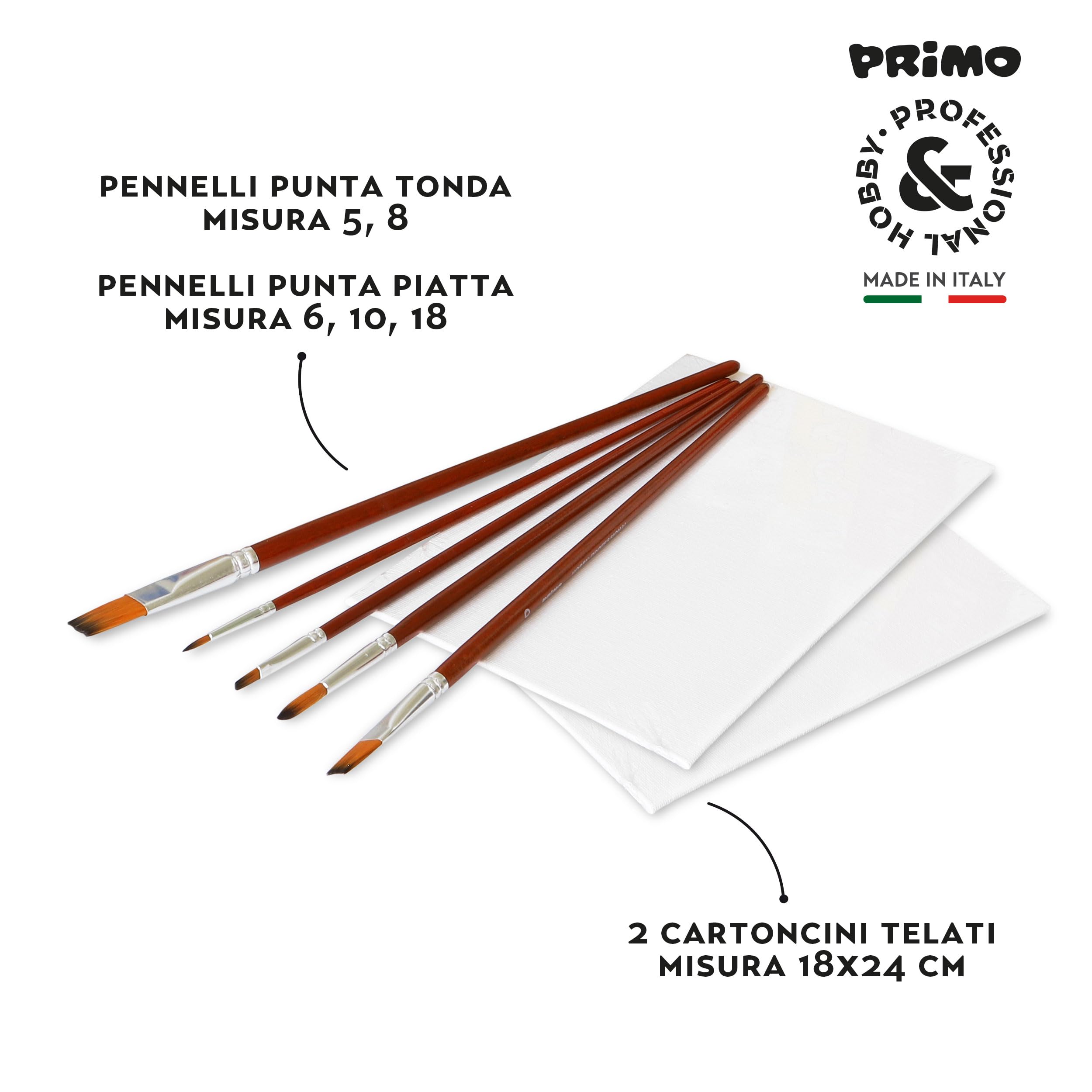 PRIMO Hobby & Professional - Box 15 Colori Acrilici per Dipingere 75ml Artisti +14Anni 5 Pennelli + 1 Pasta Strutturante + 2 Cartoncini Tele Colori per Tessuti Permanenti Lavoretti Creativi Cartoleria