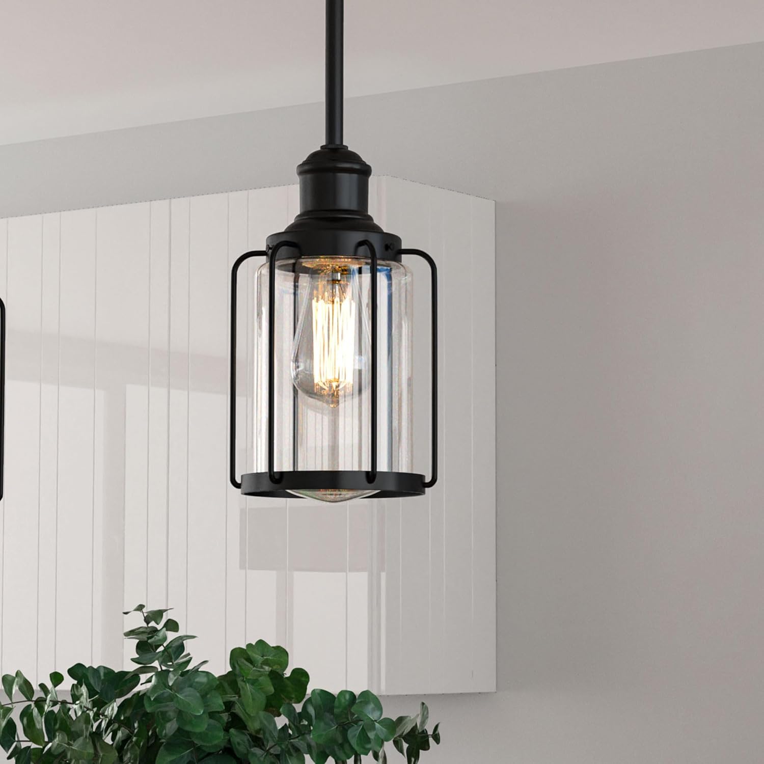 LEDMyplace Matte Black Pendant Light, Chandelier Lighting Fixtures, Cage Style, Clear Glass Shade, Decorative Hanging Pendant for Bedroom, Living Room, Hallway, Farmhouse, E26 Base (Bulb Not Included)