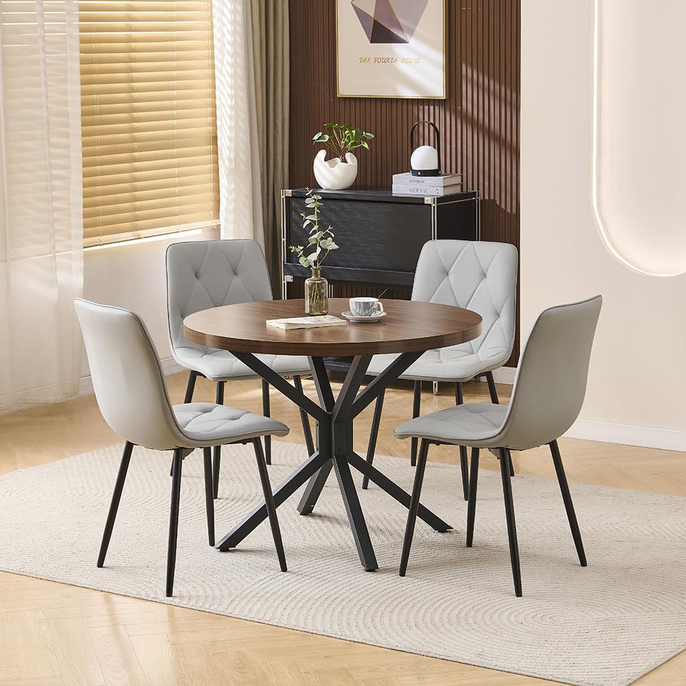 Pantanal 95cm Round Browish Walnut Wood Dining Table and White Leather Chairs Set of 4, Modern 5 Pieces Compact Kitchen Table with 4 Elegant Argyle Grid Chairs for Dinette Restaurant Small Space
