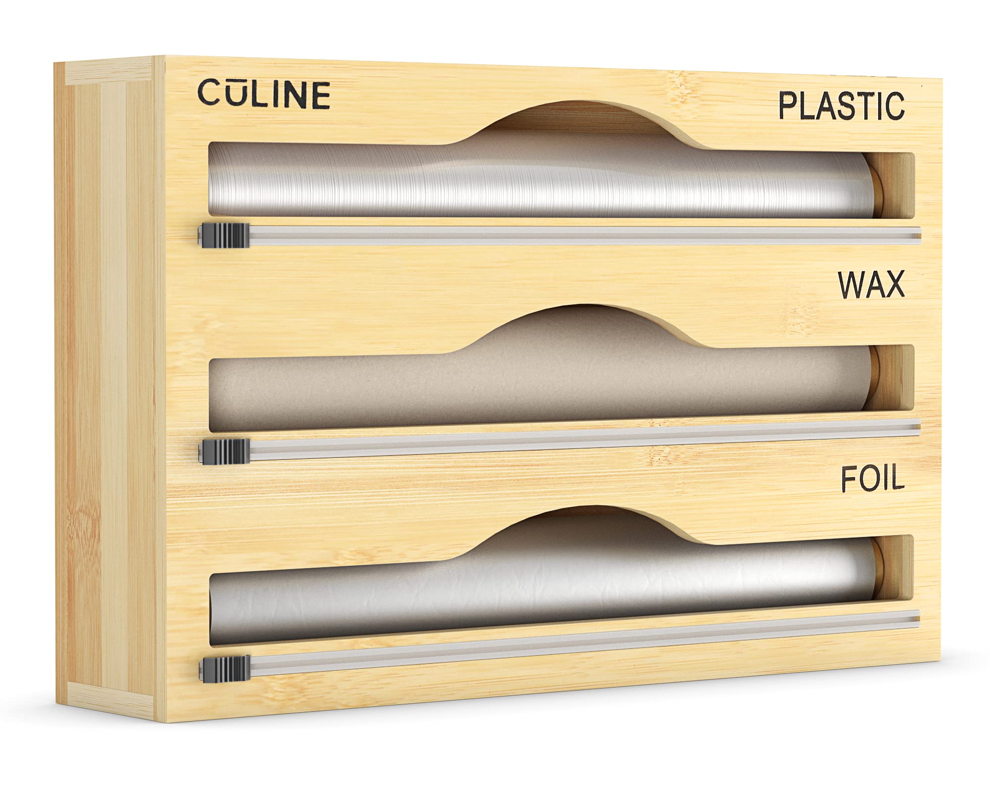 Vital 3 in 1 Wrap Organizer with Cutter, Plastic Wrap, Aluminum Foil and Wax Bamboo Dispenser for Kitchen Storage Organization Holder for 12'' Roll