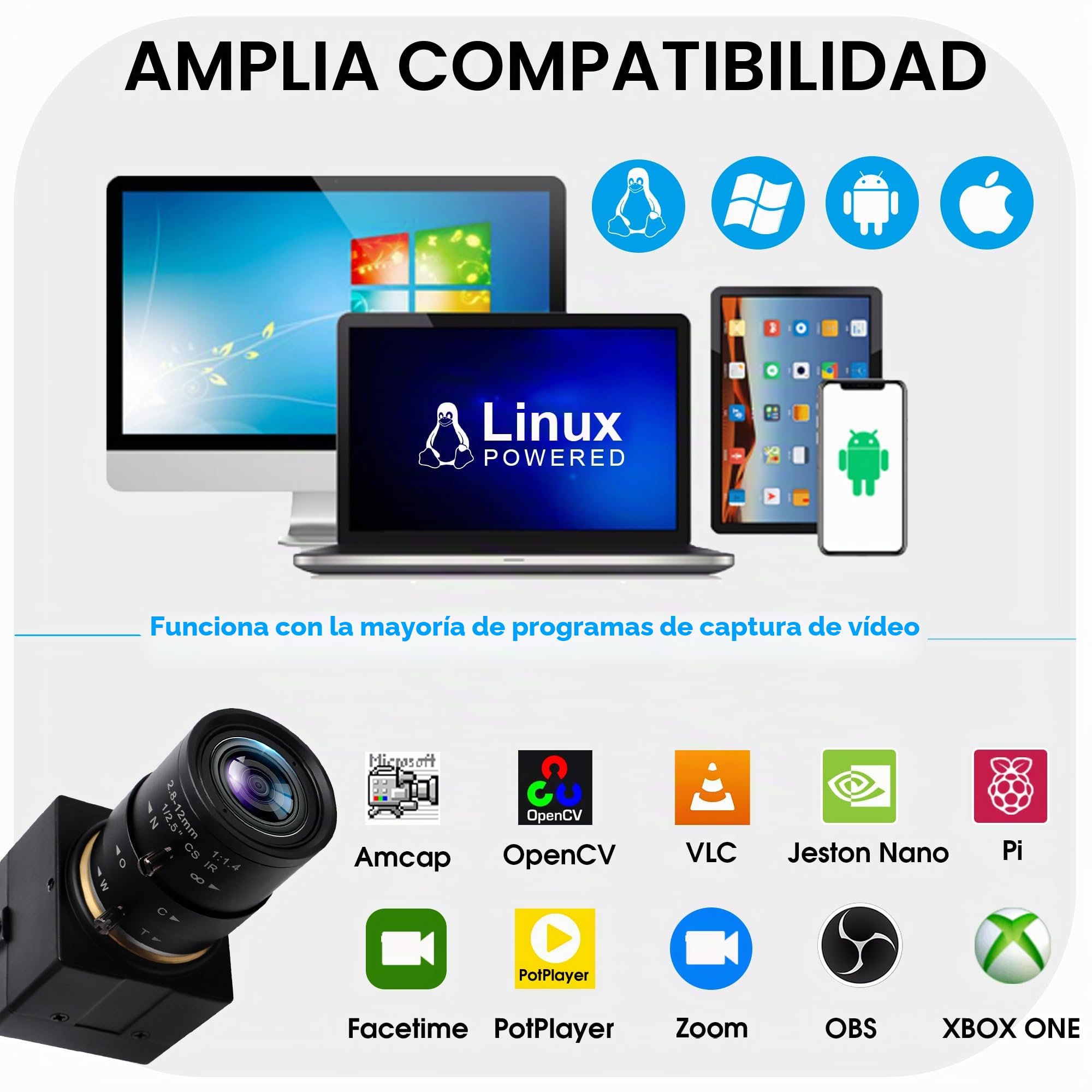 Svpro Cámara web USB 5 MP 30 fps objetivo zoom 2,8 – 12 mm IMX335 para monitoreo de máquina de baja luz, PC, portátil, UVC Plug-in Webcam para Windows, MacOS, Linux