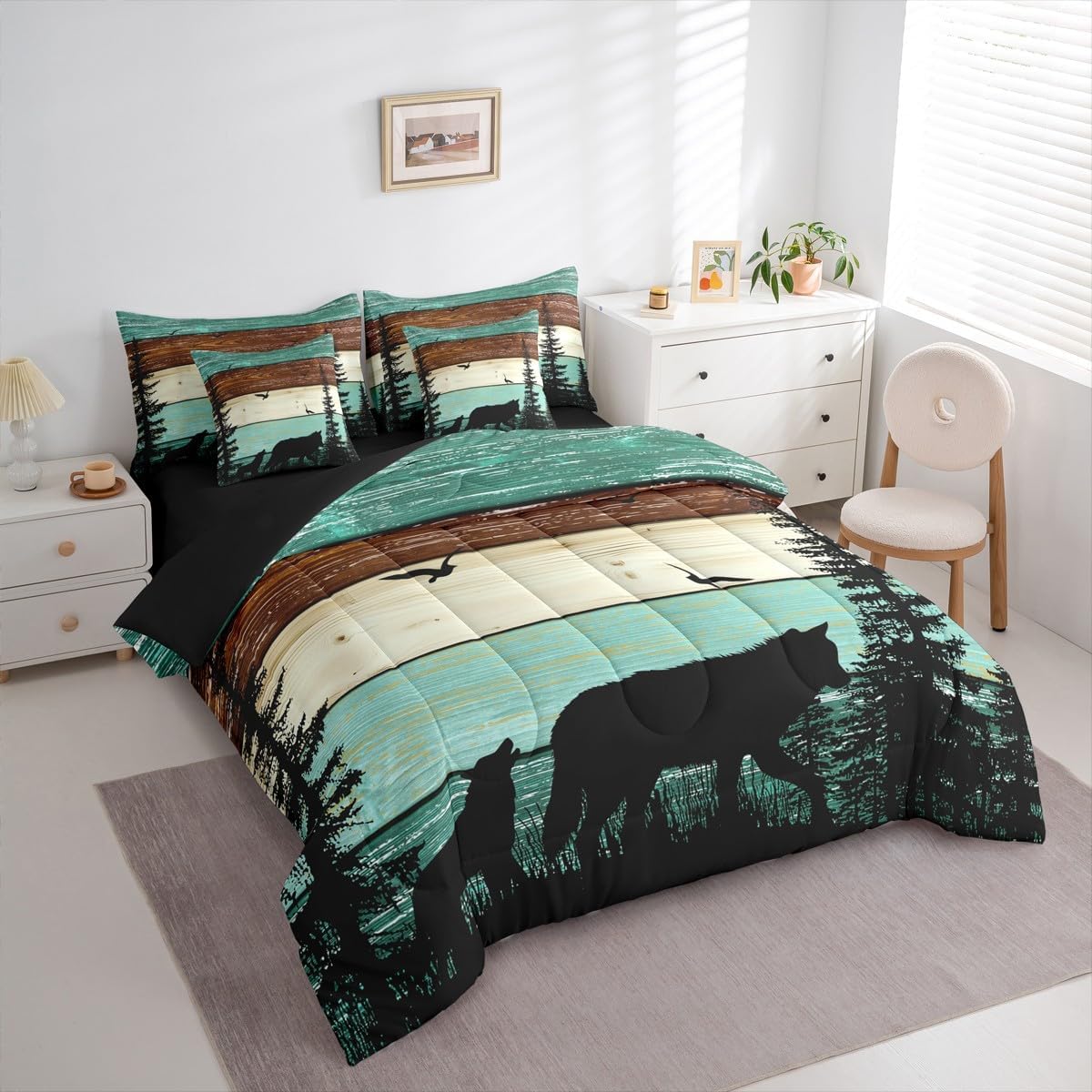 Camo Bed In A Bag Queen Comforter Set 7 Piece, Rustic Wolf Bedding Sets,Lodge Cabin Country Comforter and Sheets,Kids Teens Adults Woodland Farmhouse Western Bed Set Vintage Barn Door Decor