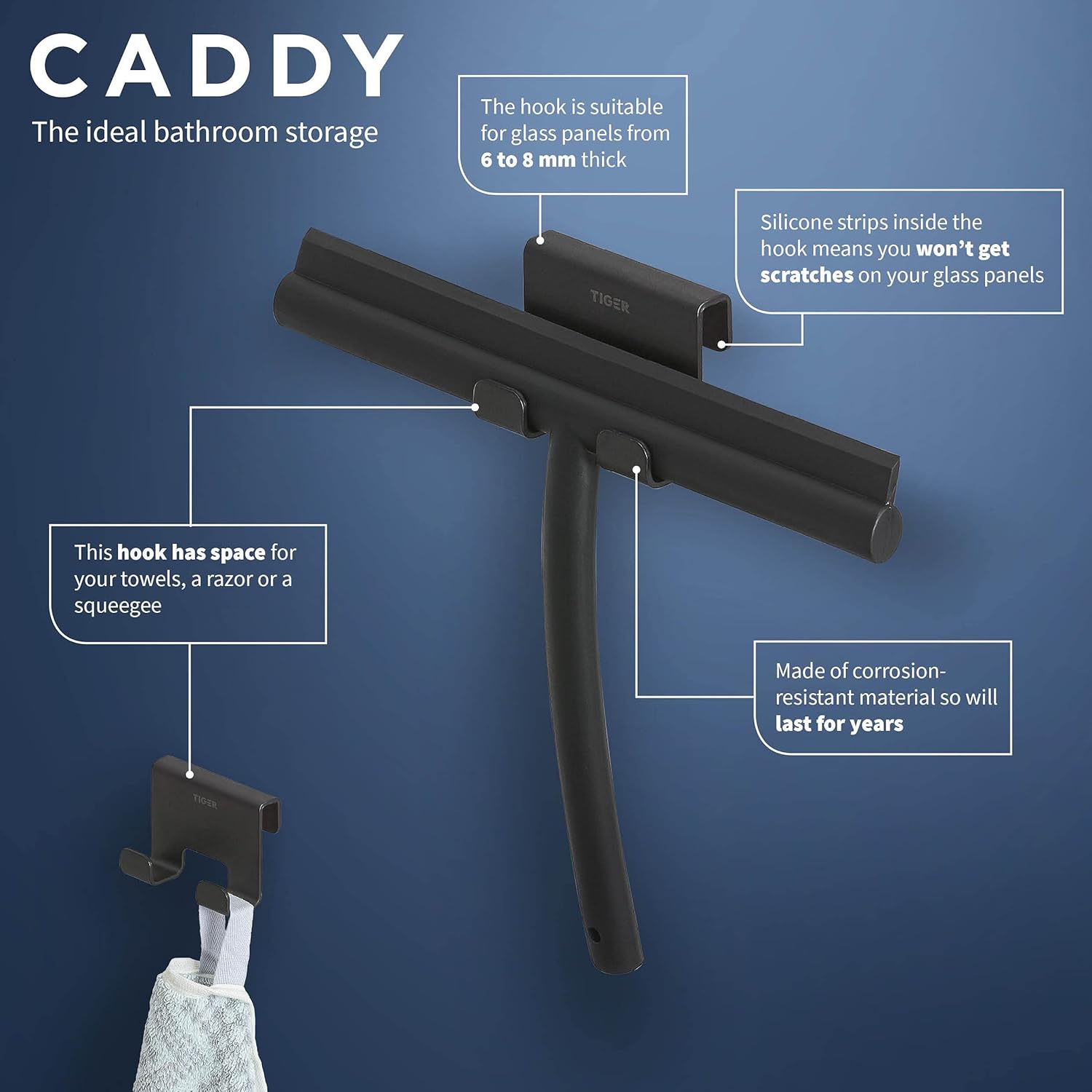 Tiger Caddy Towel Hook, Stainless Steel, Black, W7 x H5 x D3.5 cm