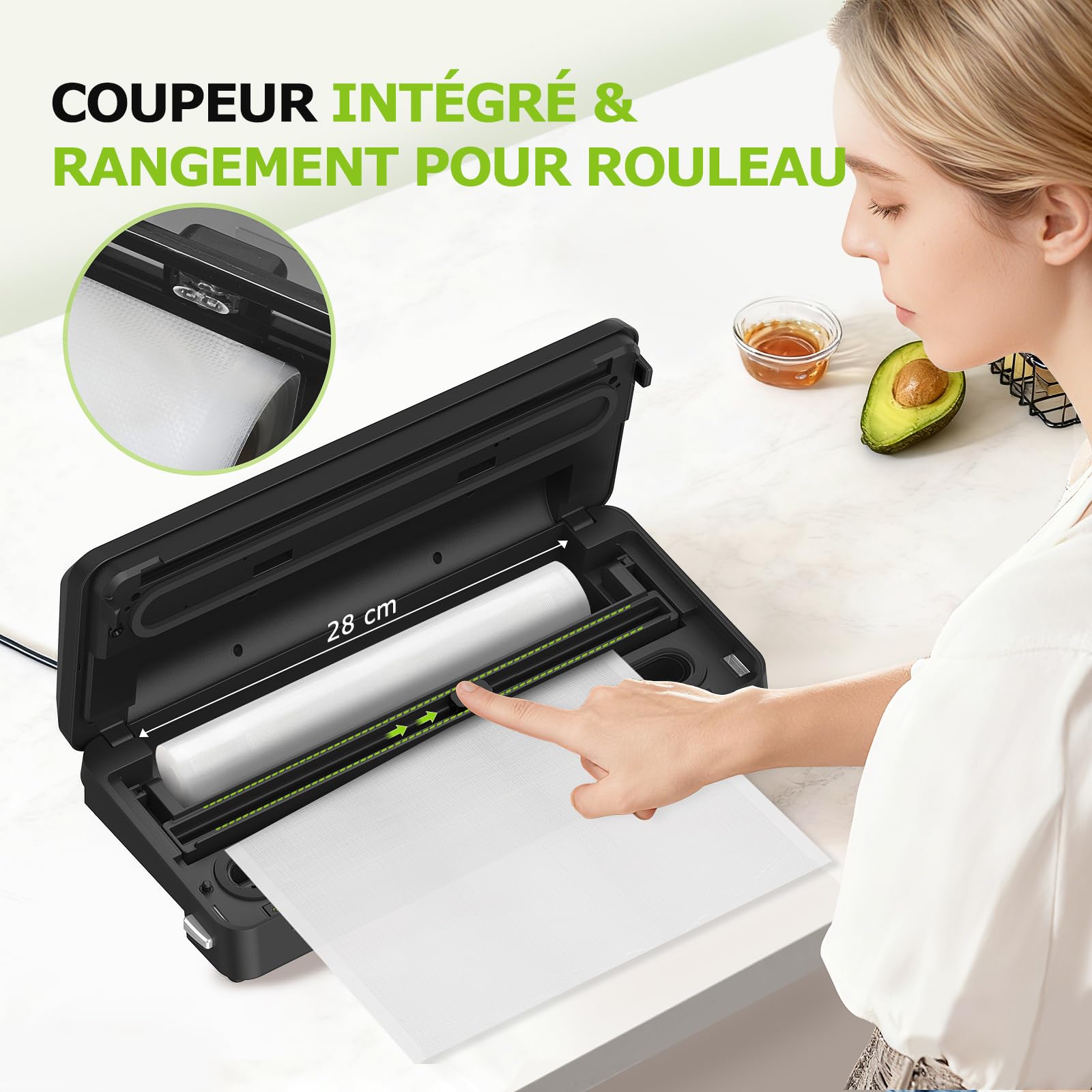 Bonsenkitchen Machine sous vide avec coupe-sac intégré, rangement, 1 rouleau et 5 sacs prédécoupés, pour cuisson sous vide, Noir
