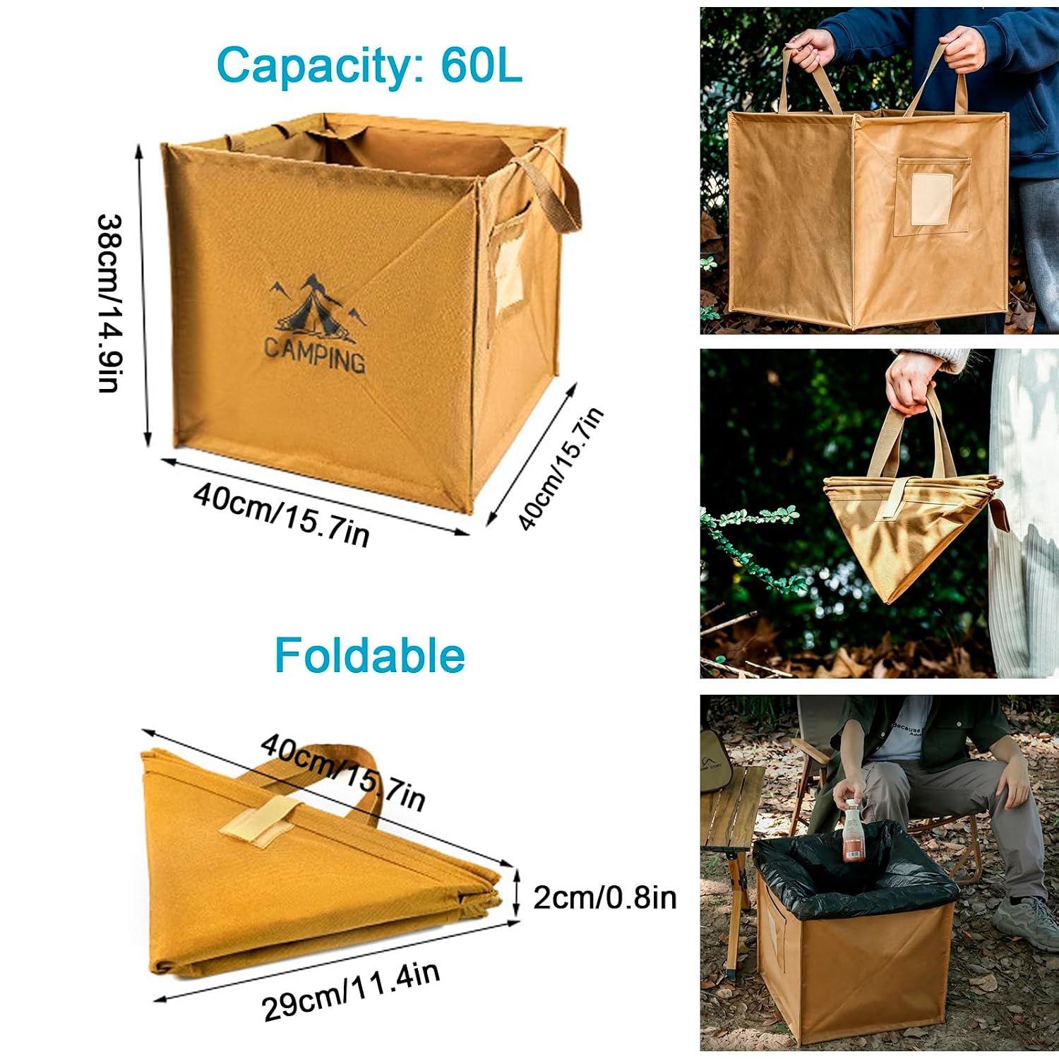 Jay-Chi Foldable Bins Camping Trash Can - 60L Portable Garbage Cans Collapsible Trash Can Camping and RV Accessories for Inside & Outside Camper Gear Tent Essentials Recycle Can