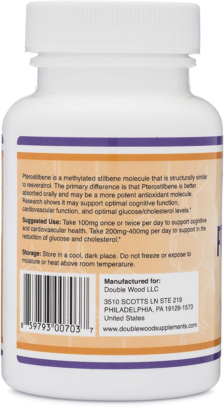 Pterostilbene 100mg Capsules (Third Party Tested) Made in The USA, 60 Capsules, Superior to Resveratrol (Antioxidant, Anti Aging Support Supplement) by Double Wood Supplements : Health & Household