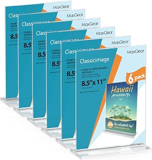 MaxGear Acrylic Sign Holder 8.5x11 6 Pack, Double Sided Clear Table Stand, Vertical Flyer Holder, Plastic Frame Display for Picture, Stores, Restaurants, Hotels, Office T Shape