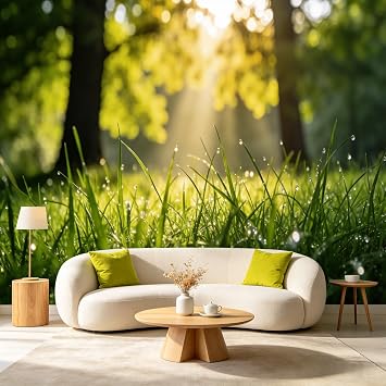 Morning Sunlight Wall Stickers Murals, Grassland Wall Murals for Living Room, Dew Wallpaper, Natural Tranquility Mural Wallpaper for Bedroom Decor Mural 70" H x 106" WNot Peel Stick