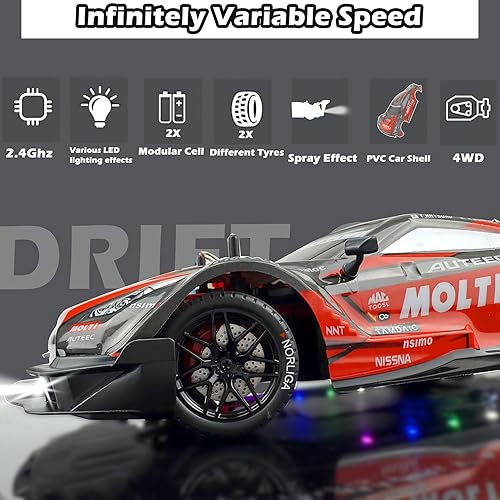 Miniatura 4 de 116 RC Drift Car 2.4GHz Spray 4WD Luces LED 30+KMH Coche de control remoto de alta velocidad 2 baterías 60Min Velocidad infinitamente variable Drift
