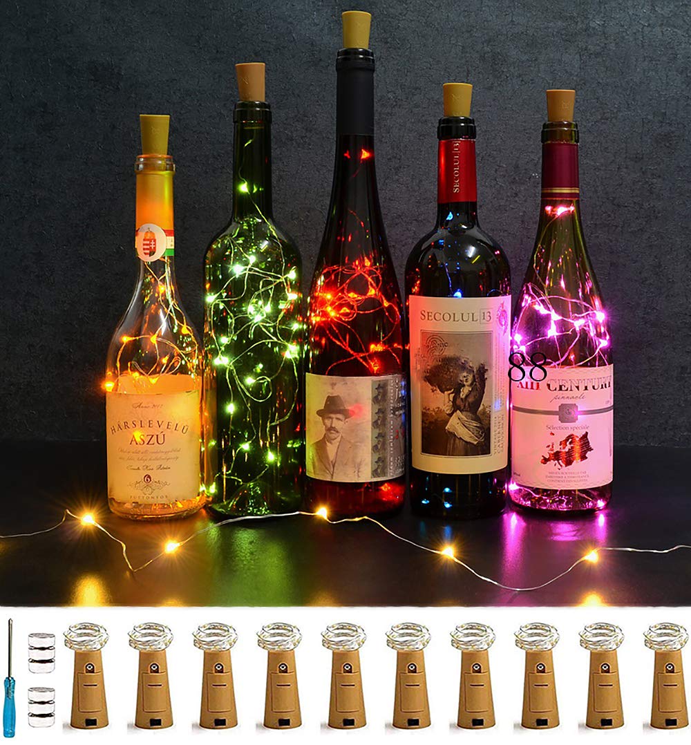Funito Wine Bottle Lights with Cork, 10 Pack LED Cork Shape Silver Wire Colorful Fairy Mini String Lights for DIY, Party, Decor, Wedding