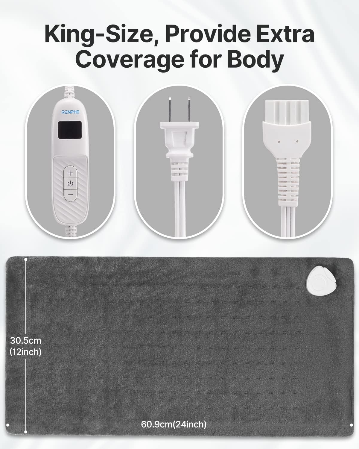 Heating Pad, Renpho Heating Pad for Back Pain Relief with 10 Heat Settings, Auto Shut Off, Machine Washable, FSA HSA Eligible, Gifts for Women, Gifts for Men, ETL Certified, 12"x24'' (Gray)