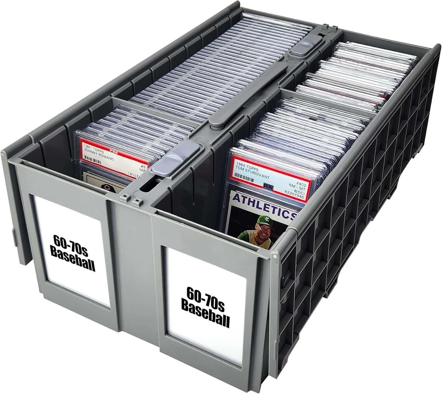 BCW 2-Row Graded Card Storage Box – Gray | Stackable PSA Slab Case with Lid & Handle | Compatible with PSA, BGS, SGC, CSG, HGA | Includes Card Bin Partitions
