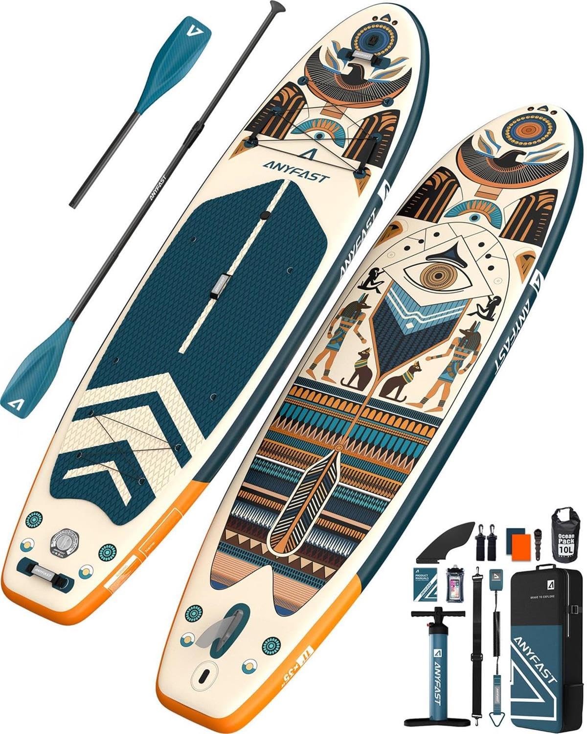 ANYFAST Inflatable Stand Up Paddle Boards - Extra Wide Fishing Paddleboard,Cool Design,Ultra Stable Standup SUP,15 D-Rings,5 Handles, Camera Mount,100L Backpack,10L Dry Bag, Youth/Adults