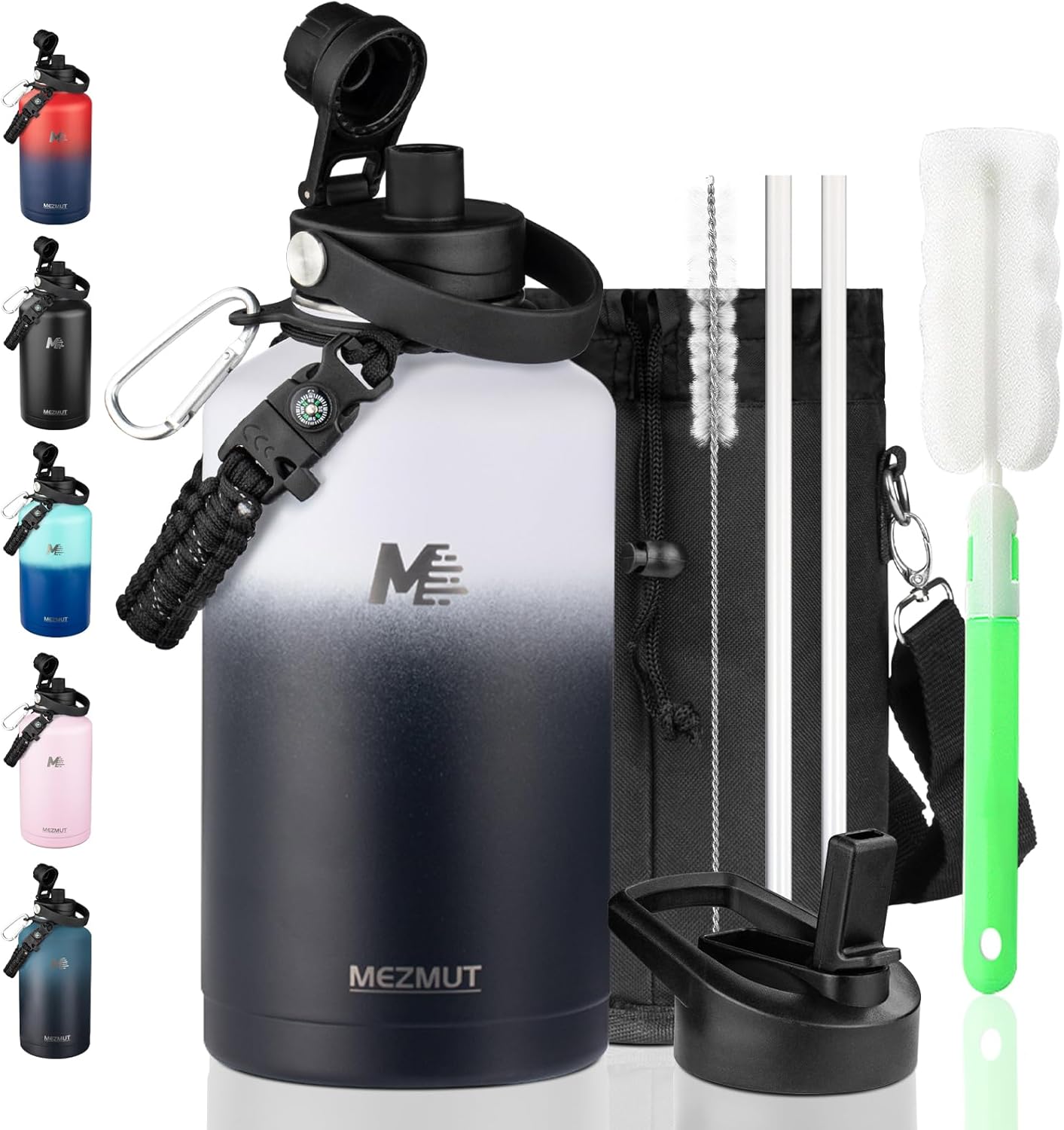 MEZMUT 64oz Insulated Water Bottle with Paracord Handle,Half Gallon Water Bottle Jug with Straw & Spout Lids,Stainless Steel Sport Thermo Water Jug Leak-proof Keep Cold Hot for Outdoor Camping Hiking