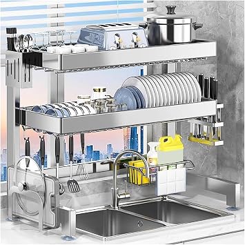 Dish Drying Rack 304 Stainless Steel 2-Tier Large Dish Drying Rack Above Sink with Cutlery Rack, Knife Rack and 6 Hooks - Kitchen Storage Cabinet Counter Drain Rack