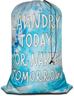 Swono Funny Quotes Drawstring Portable Large Capacity Laundry Bags Words Laundry Today Or Naked Tomorrow Travel Storage Bags for, Apartments, Home, Blue Watercolor