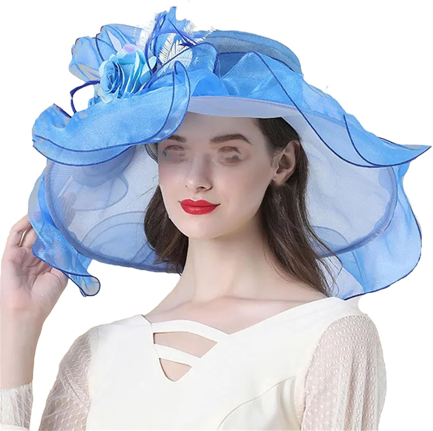 Women's Wide Brim Church Organza Hat Large Wedding Bride Flower Fascinator Hats