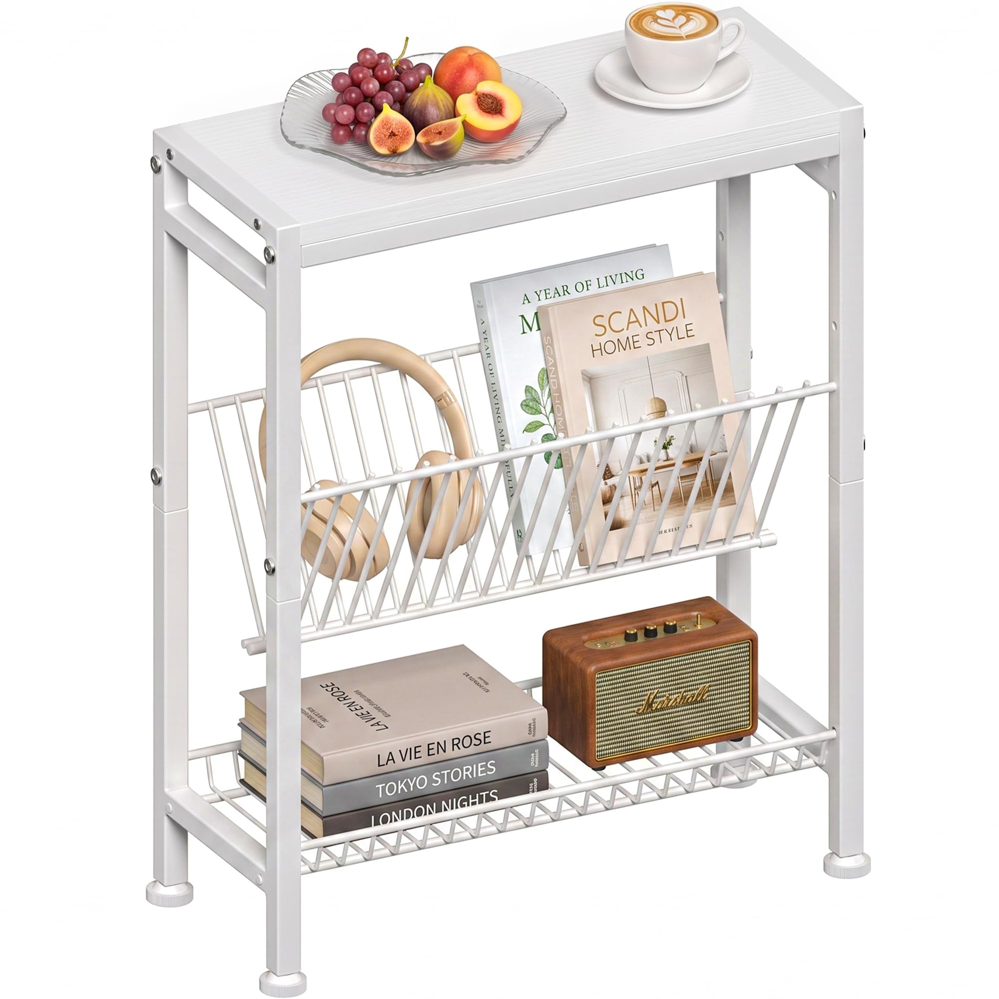 Vantimo Slim 3-Tier Side Table with Magazine Holder, Compact Sofa Side Table for Small Spaces, Narrow Storage Stand for Living Room, Bedroom, Home Office and Study (White)