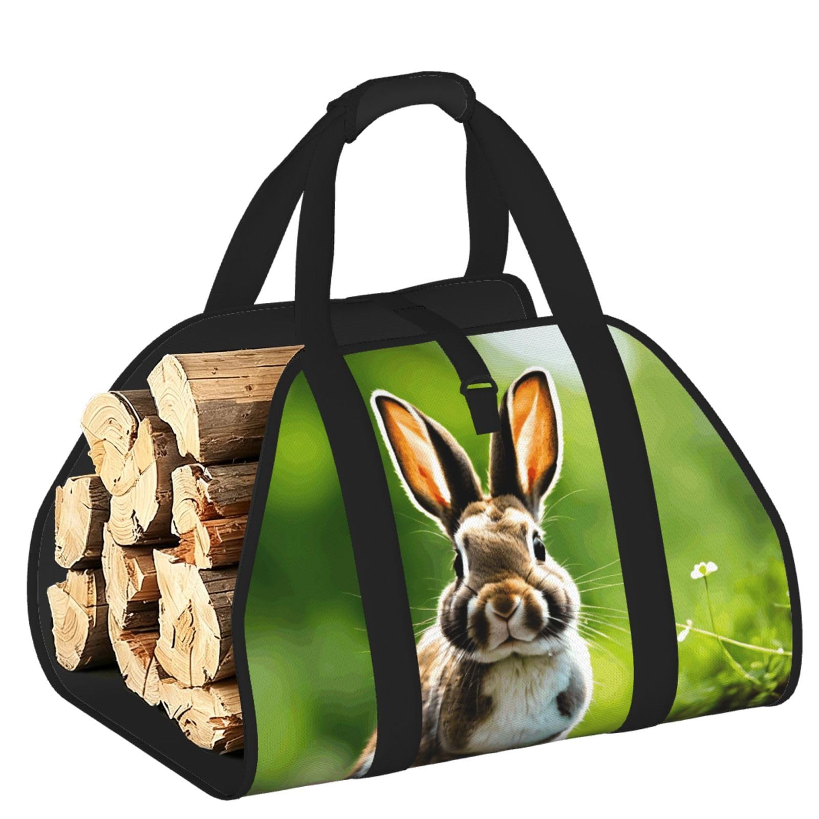 Pphgut Black Bunny Rabbits Print Firewood Bag Wood Carrier Transport Sack Camping Picnic Storage Daily Home