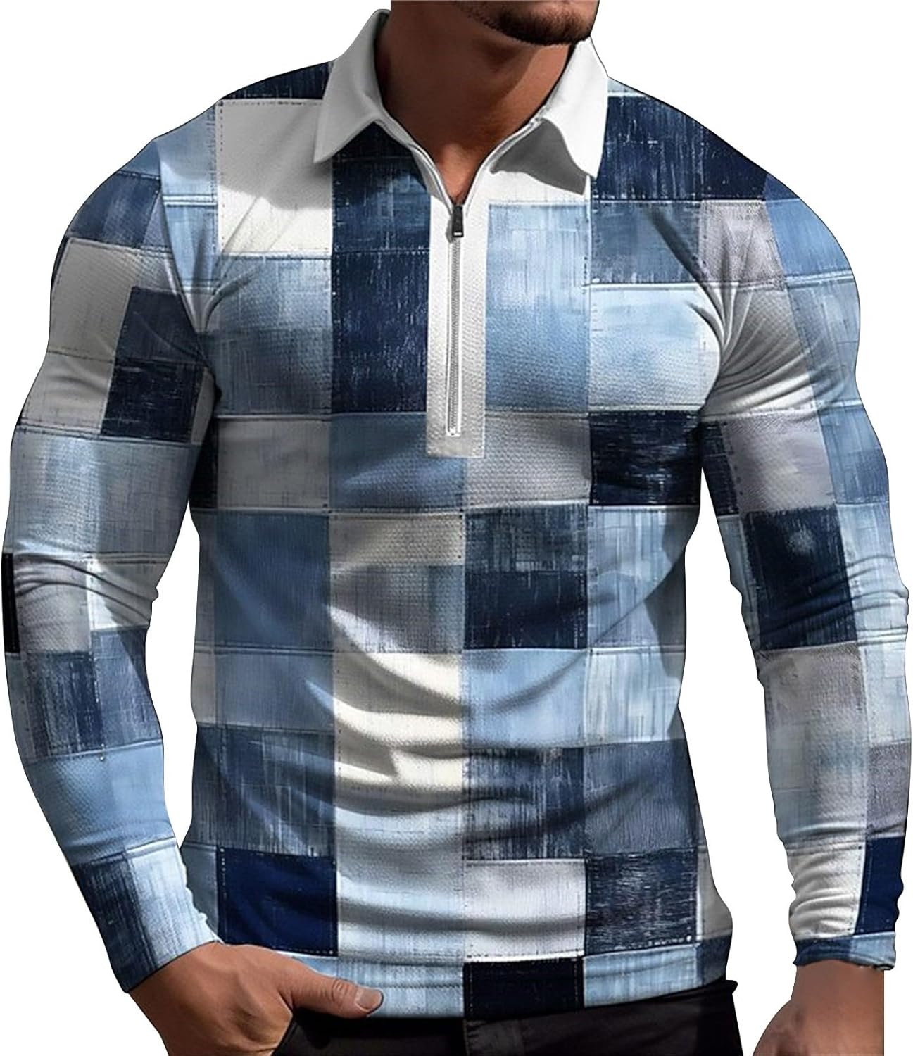 hehiy Men's Polo Shirt Basic Contrast Long Sleeve Polo Shirt White Polo