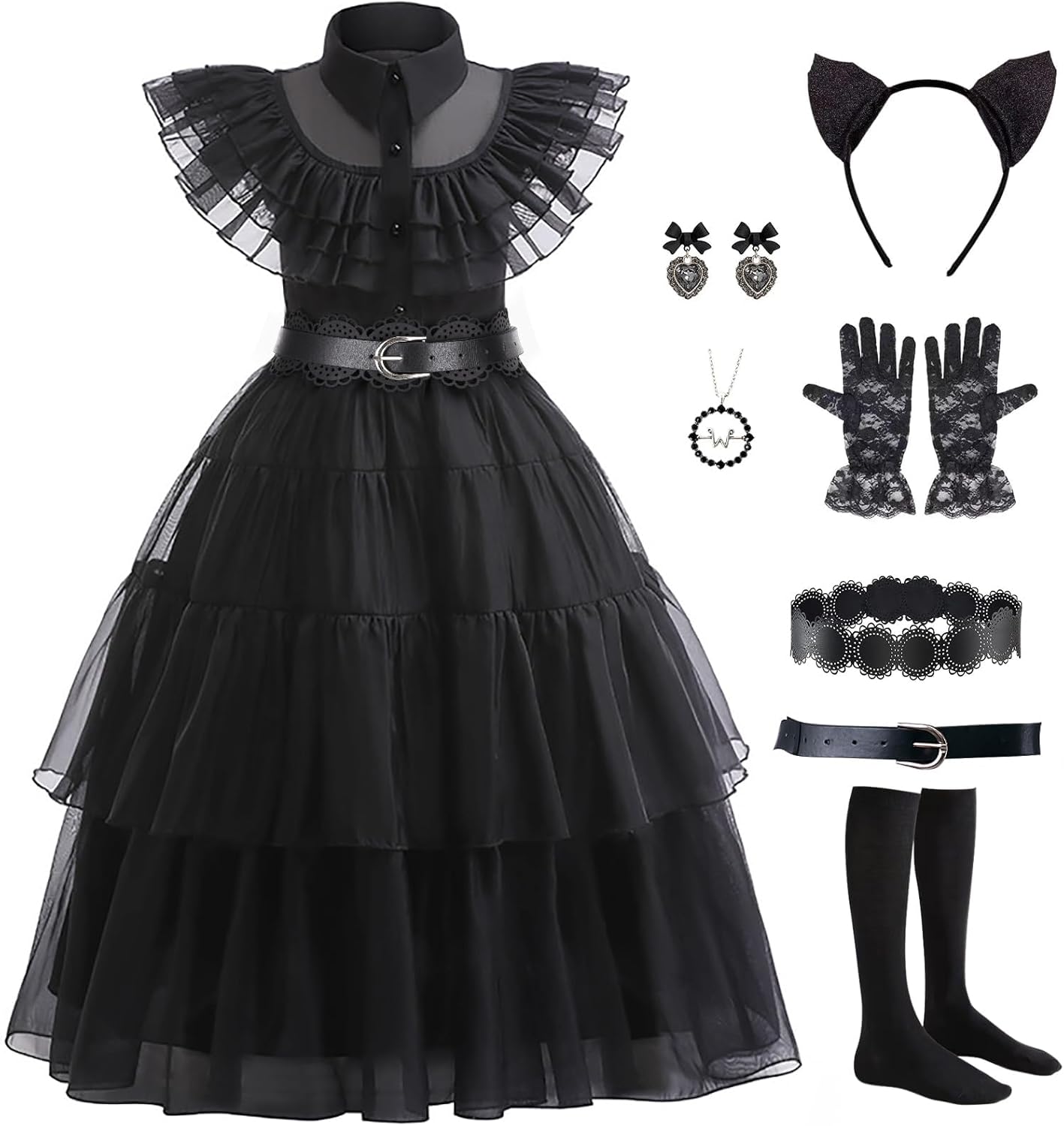 Black Costume Dress Kids Girls Black Cosplay Halloween Party Dress Up Gothic Costume with Accessories