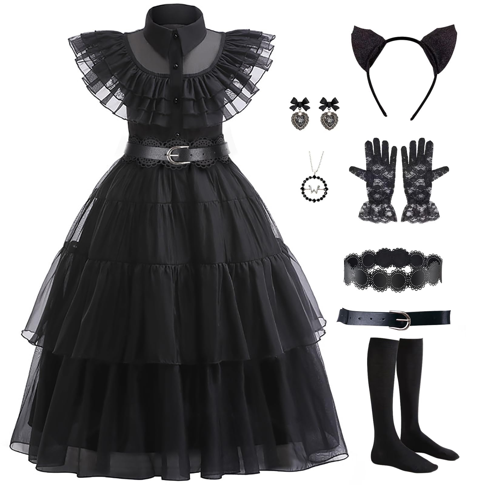 Black Costume Dress Kids Girls Black Cosplay Halloween Party Dress Up Gothic Costume with Accessories, Size 10-11yrs