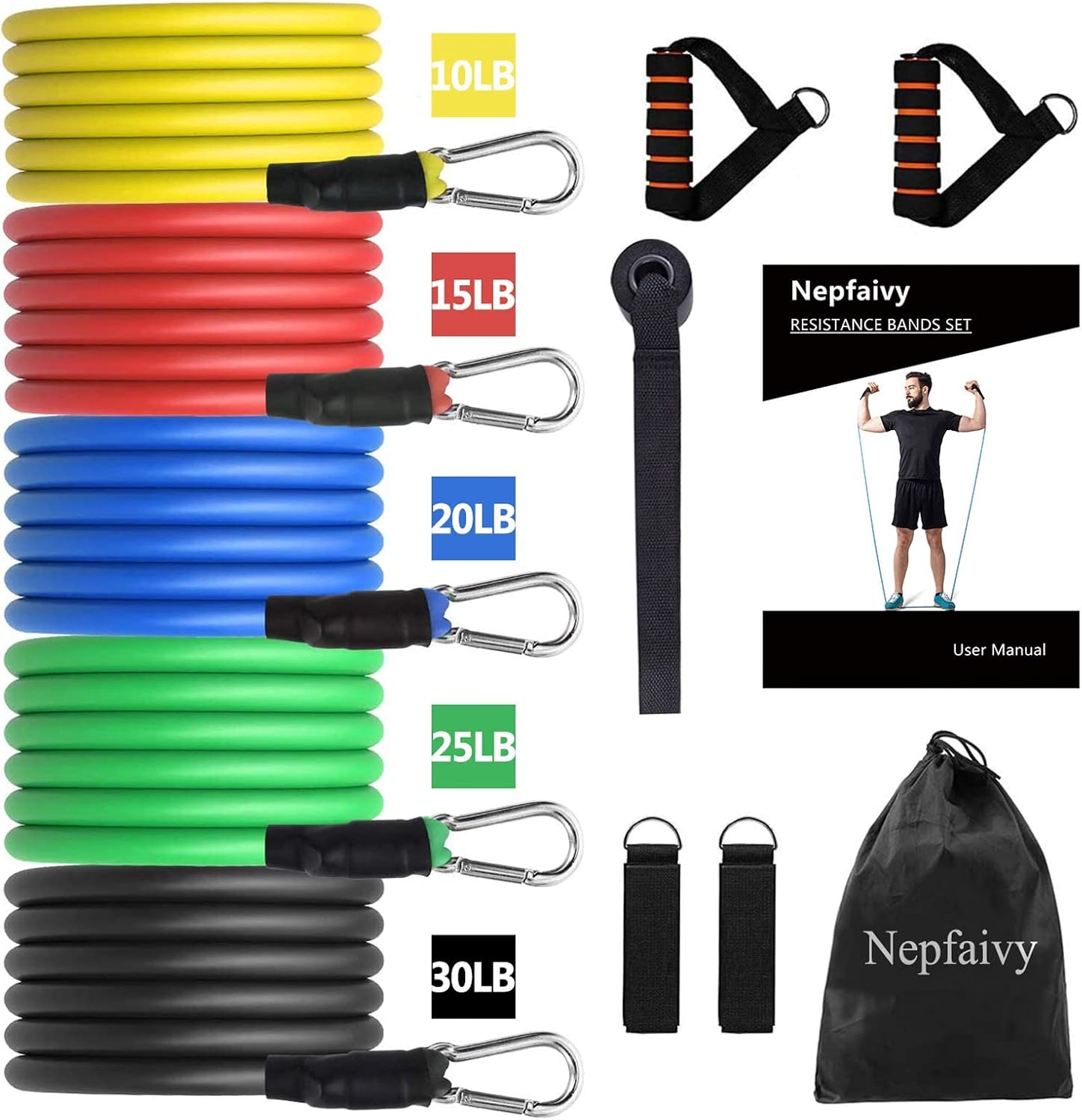 Resistance Bands Set Men - Exercise Bands with Resistance Tubes, Foam Handles, Ankle Straps and Door Anchor for Indoor and Outdoor Sport, Home Gym Fitness, Physical Therapy [up to 100lb, 12pcs]
