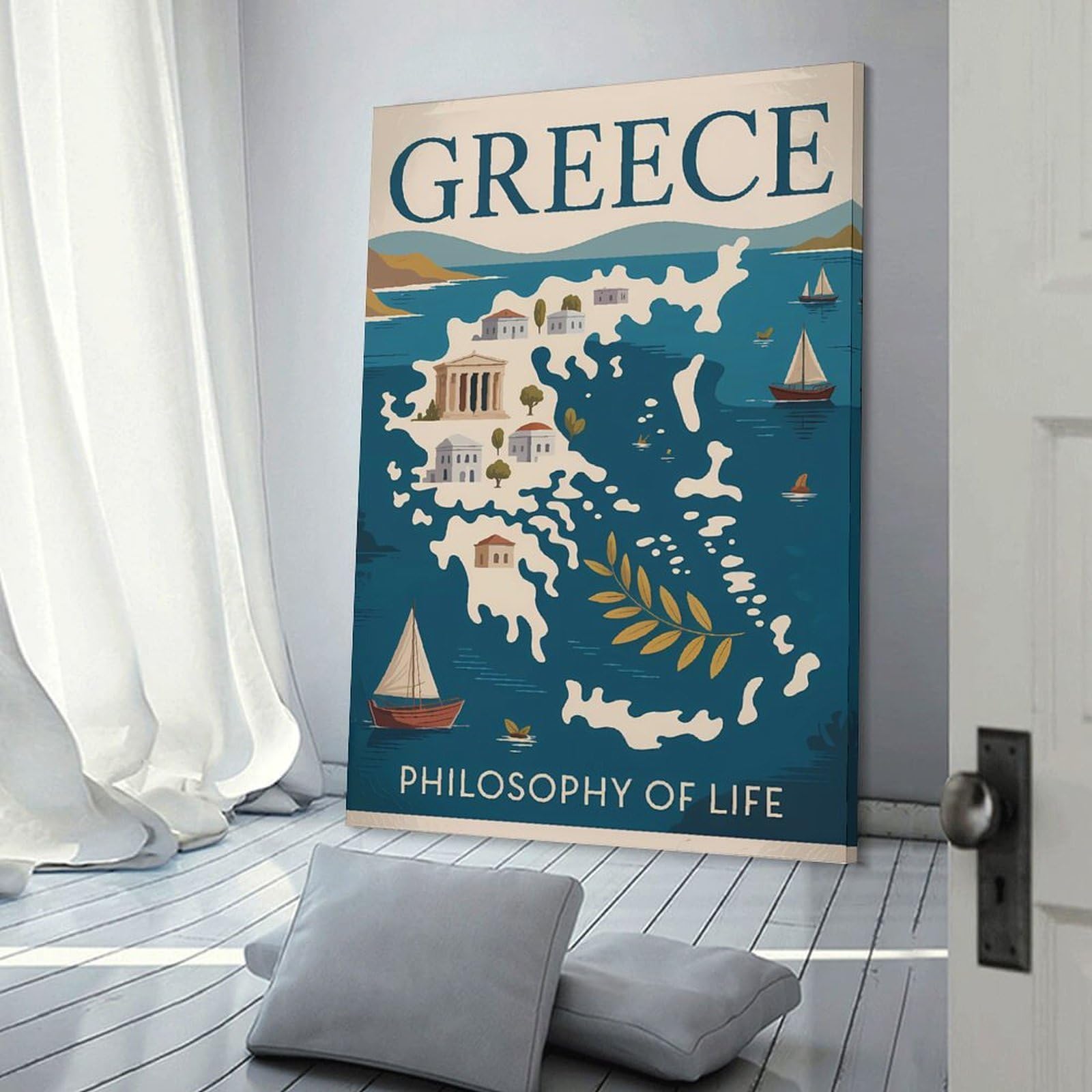 Junmoney Greece Philosophy of Life Travel Home Decor Wall Art, 24x36inch(60x90cm), for Flats, Guest Rooms Or Compact Rooms, Stylish Wall Art for Fresh Spaces