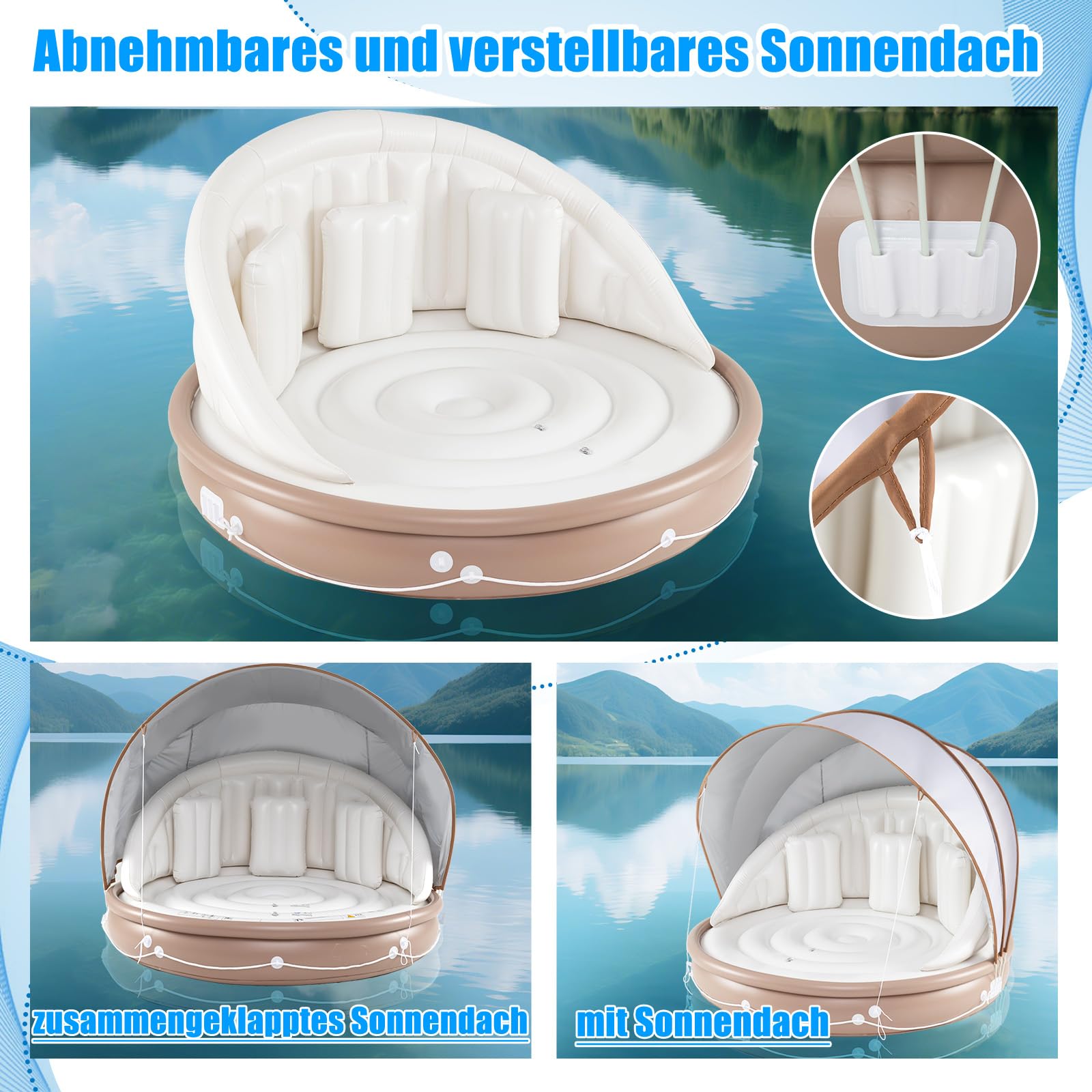 GYMAX Badeinsel Aufblasbar XXL, 186 x 186 cm, Schwimminsel mit Abnehmbarem SPF 50+ Sonnendach & 3 Kissen, 200 kg Belastbare Aufblasbare Insel für 2 Personen, Luftmatratze Wasser für Pool & Meer