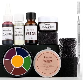Depvision SFX Makeup Kit - Scar Wax with Spatula, Extension Oil,Scab Blood, SFX Sponges,Fake Blood, 6 Color Oil Based Face Paint Bruise Wheel for Special Effects,Halloween and Theatrical Makeup…
