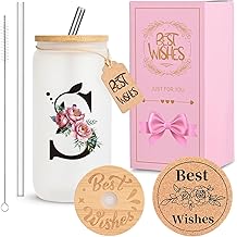Personalized Initial Glass Cup for Women, HWJH 16oz Glass Cup with Lids and Straws, Monogrammed Gift Set, Frosted Reusable Tumbler with Gift Box & Cork Coaster for Iced Coffee, Christmas, Birthday (S)