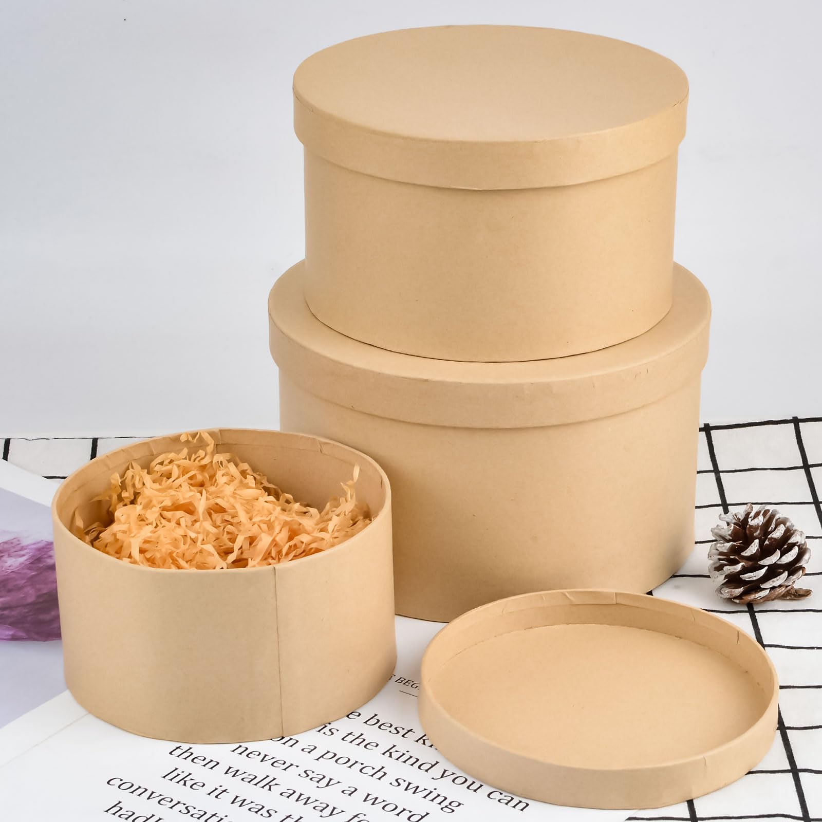 WANDIC Paper Mache Box, Set of 3 Round Paper Mache Hat Boxes