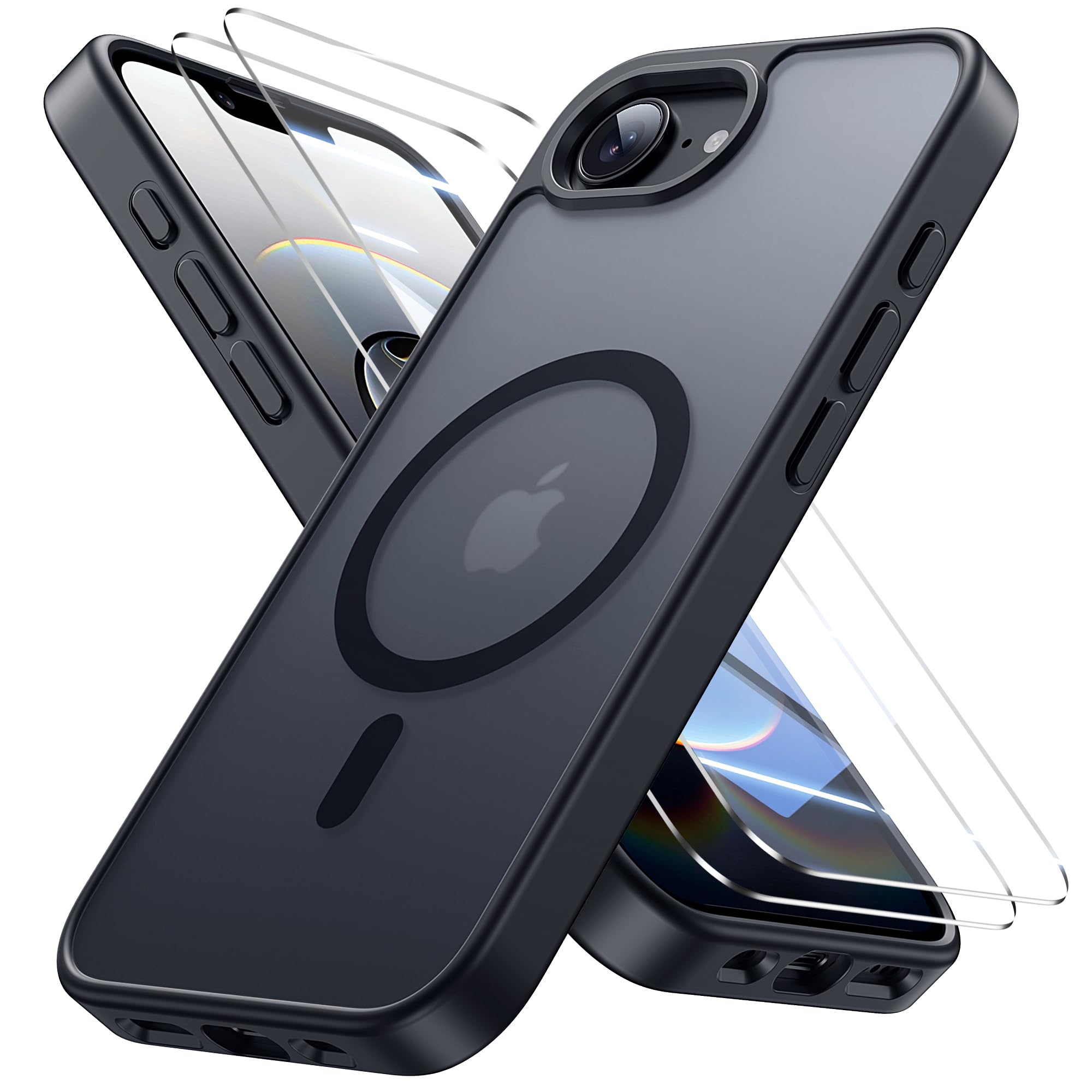 Bruzaio iPhone 16e/iPhone 17e ケース【強化フィルム2枚付き】Magsafe対応・米軍規格 いphone16e ケース 半透明 耐衝撃 指紋防止 滑り止め マグネット搭載 ワイヤレス充電 耐久性 全面保護 黄ばみなし ストラップホール付き 16eスマホケース 6.1インチ用,ブラック