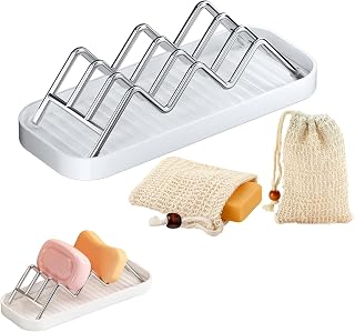 Stainless Steel Soap Holder with 2 Soap Saver Bags, Self-Draining | 304 stainless steel, removable drip tray, shampoo bar holder, soap dish, bathroom counter, kitchen sink, rustproof