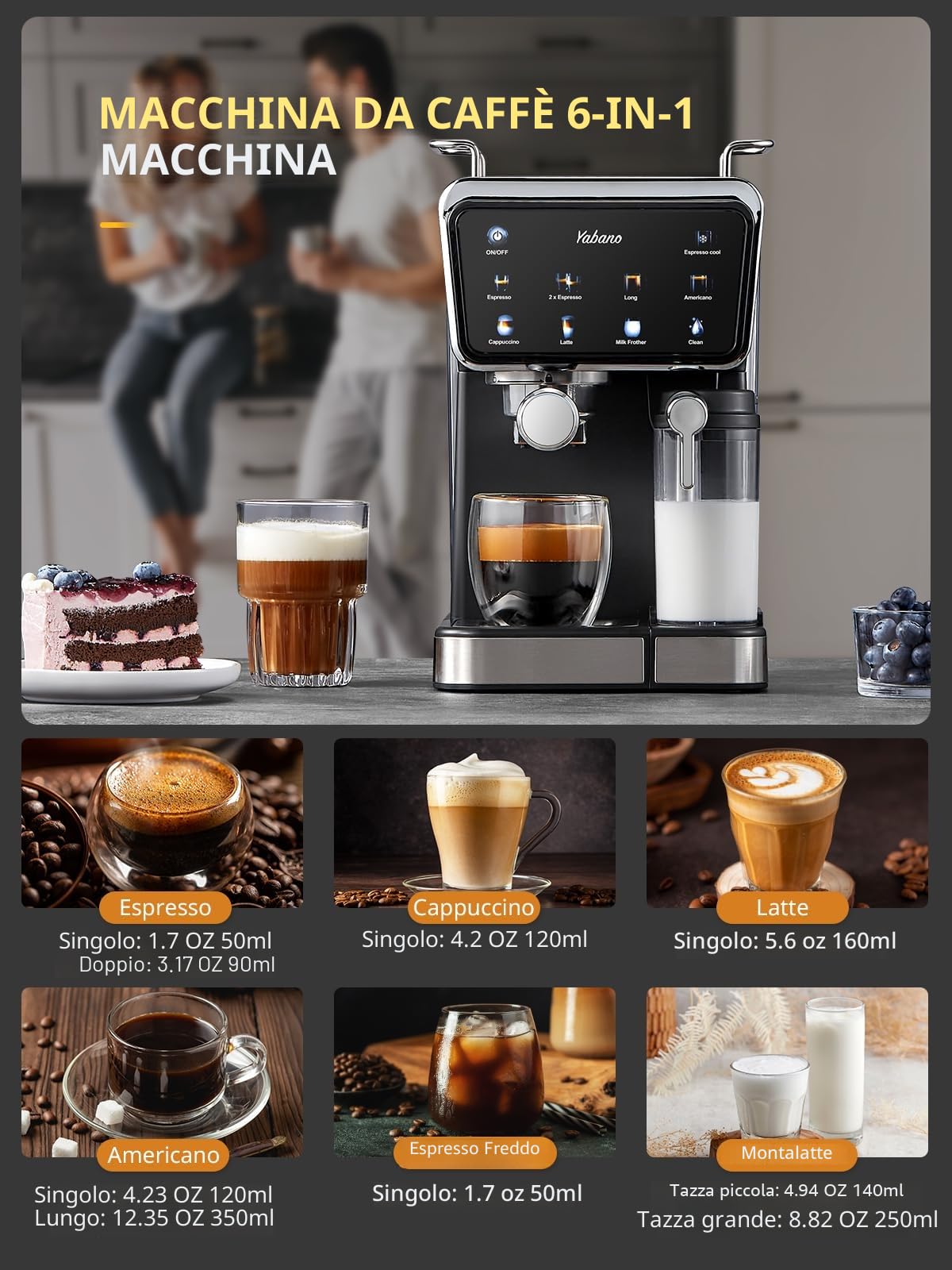 Yabano Macchina per caffè espresso, 20 bar, con montalatte automatico da 500 ml, 6 bevande, touch screen a colori, serbatoio dell'acqua da 1,5 l, caffettiera cappuccino e latte, 1350 W