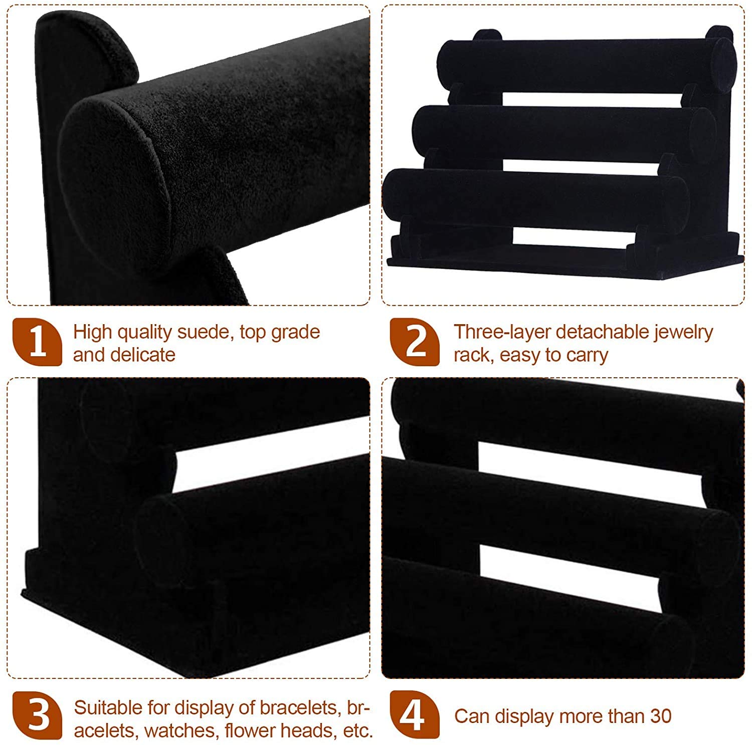 POFET Support de bracelet en velours à 3 barres pour montres, colliers, bijoux - Noir