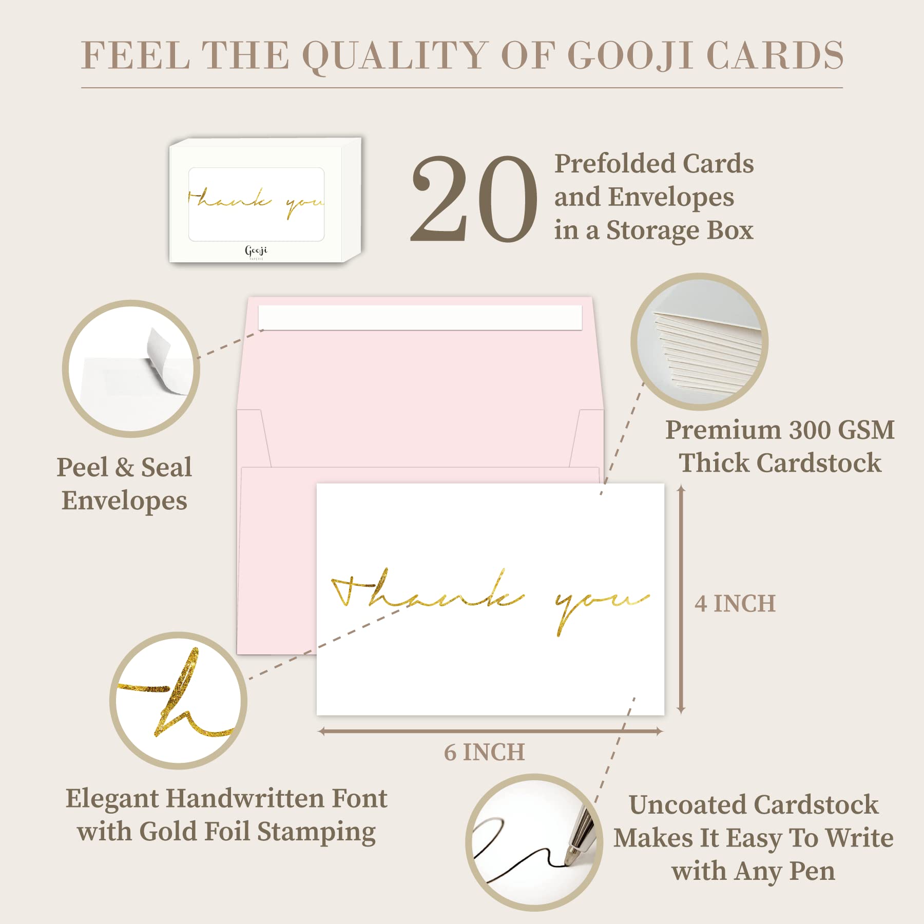 20 Biglietti Ringraziamento Con Buste 10x15 Cm | Stampa Rosa Polveroso Con Lamina Oro | Per Matrimoni E Feste