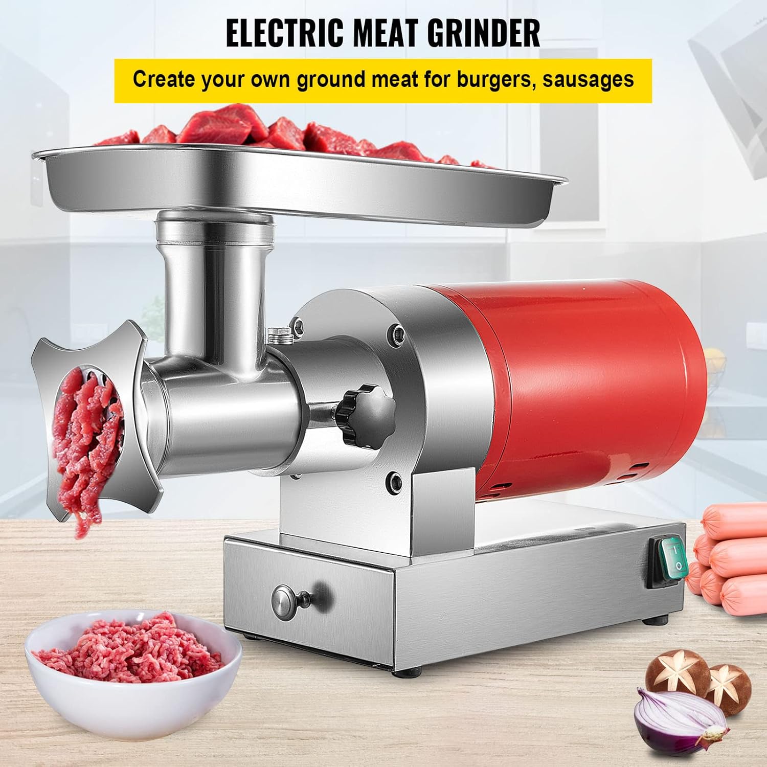 VEVOR, 661 Lbs/Hour800 W Machine, 1.5 HP Electric Mincer with 2 Grinding Plates, Sausage Kit Set Meat Grinder Heavy Duty, Home Kitchen & Commercial Use Red, 800 W