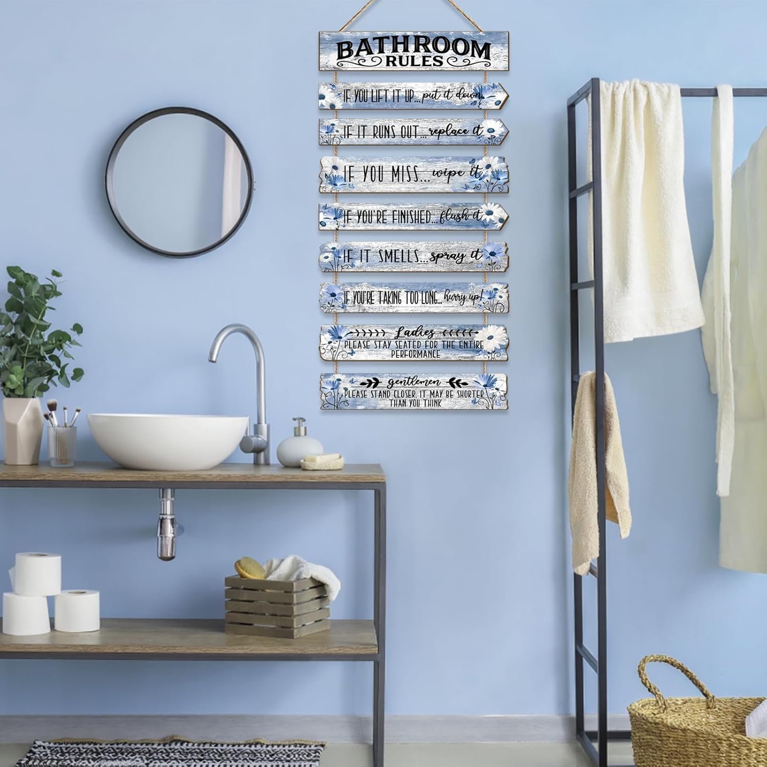 Bathroom Wall Decor Funny Bathroom Signs Bathroom Rules Pictures Wall Art Decor Rustic Farmhouse Toilet Decor Wooden Sign (Blue Daisy)