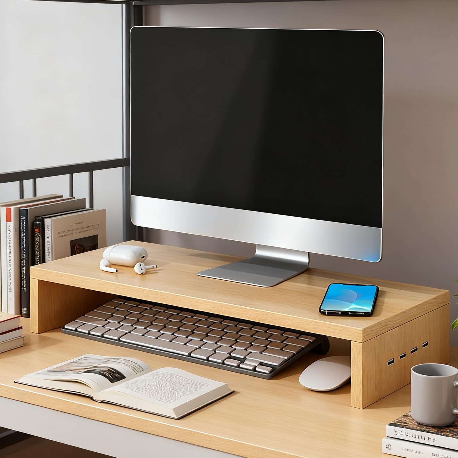 na monitor na biurko – ergonomiczne wsparcie z 4 portami USB, podstawka pod laptopa | do ekranu drukarki, laptopa, elektroniki, domu, szkoły, pokoju zabaw, nauki pracy