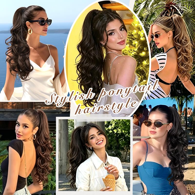 HMD Long Wavy Ponytail Extension 24 Inch Curly Drawstring Ponytail Synthetic Hairpiece for Women Fluffy Natural Looking Hair for Daily Party